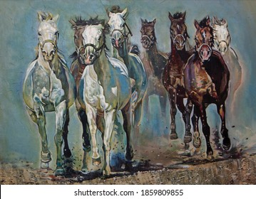 Horses running galloping oil on canvas painting art 