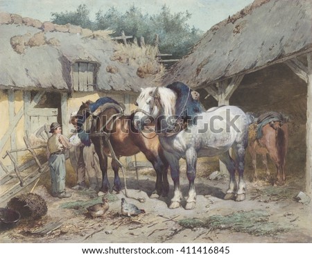 Horses at a Stable, by Wouter Verschuur, c. 1870-1900, Dutch painting, watercolor on paper. Two robust work horse wear part of their harnesses, while under care of stable hands