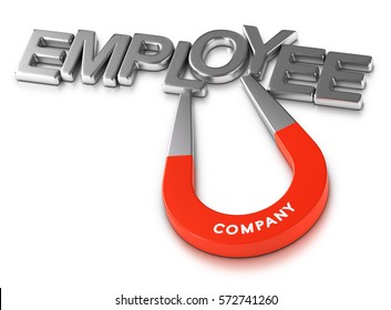 Horseshoe Magnet Attracting The Word Employee Over White Background, 3d Illustration Of Staff Retention Program Or Attractive Employer.