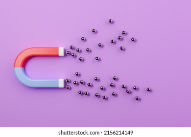 Horseshoe Magnet With Metal Balls On Purple Background, Red And Blue Magnet. Concept Of Gravity And Magnetism. 3D Rendering