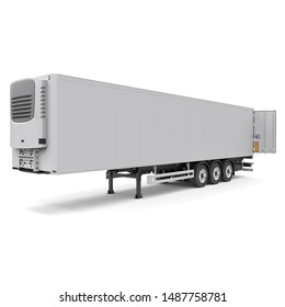 Horstmar, Germany - 24 AUG 2019: Generic European Refrigerator Semi Trailer With Opened Back Doors Front Side View Photorealistic Isolated 3D Illustration.