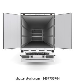 Horstmar, Germany - 24 AUG 2019: Generic European Refrigerator Semi Trailer With Opened Back Doors Photorealistic Isolated 3D Illustration.