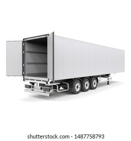 Horstmar, Germany - 24 AUG 2019: Generic European Refrigerator Semi Trailer With Opened Back Doors Back Side View Photorealistic Isolated 3D Illustration.