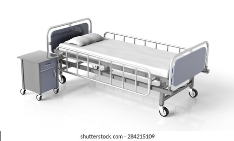 Hospital bed and bedside table, isolated on white background