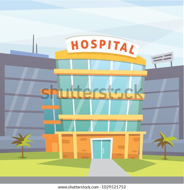 Hospital building\
cartoon modern illustration. Medical Clinic and city background.\
Emergency room\
exterior