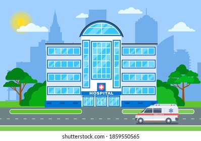 Hospital Building. Medical Department Exterior With Ambulance In City Landscape. Hospitalization, Healthcare Medicine Concept