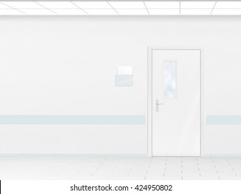 Hospital Corridor With Blank Wall Mockup And Door, 3d Render. Room Sign Mock Up Template On Entry In Ward. Medical Hall Interior Sickroom. Clear Closed Door Signage Plate. Infirmary Light Hallway 