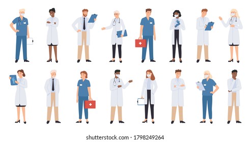 Hospital Doctors And Nurses. Doctor With Stethoscope, Nurse In Scrubs And Face Mask. Medical Student Volunteer And Intern Character. Medical Staff  Illustration. Profession Physician In Uniform