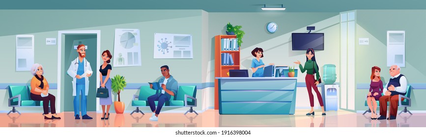 Hospital hallway with doctors, patients on chairs, medical staff and people waiting on appointment with practitioner in clinic hall, medic healthcare center reception. Consultation and diagnosis - Powered by Shutterstock