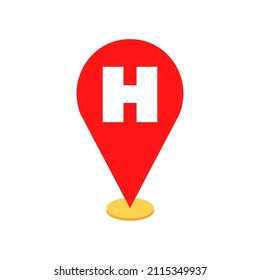 Hospital Icon As An Illustration Graphic For Location Pin. Good For Those Who Are As Traveler, Visitor, Tourist, Other People That Need Doctor, Medicine. And Also Fit For Map.