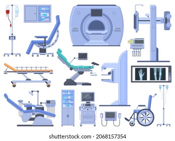 Hospital medical diagnostic healthcare equipment tools. Dentist chair, wheelchair, blood transfusion, cardiograph, ultrasound, x-ray machine  symbols set. Modern technology for medicine