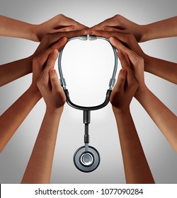 Hospital people working together as a medical teamwork symbol with diverse medicine colleagues holding a doctor stethoscope with 3D illustration elements.