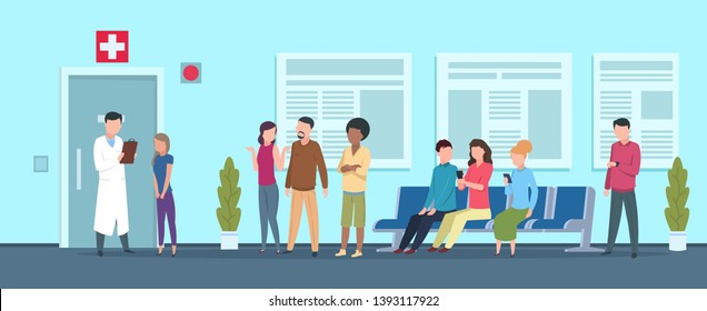 Hospital Queue. Clinic Reception Waiting Room Medical Office Nurse Receptionist Doctor Adult Patient. Healthcare Illustration