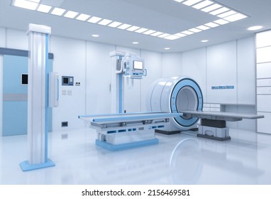 Hospital Radiology Room With 3d Rendering Mri Scanner And X-ray Machine