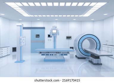 Hospital Radiology Room With 3d Rendering Mri Scanner And X-ray Machine