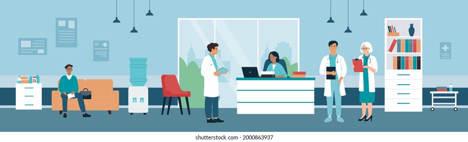 Hospital Reception Office Hall With Doctors And Patient People Illustration. Cartoon Outpatient Character Waiting Doctor Checkup, Medical Workers Standing Near Receptionist Counter Background