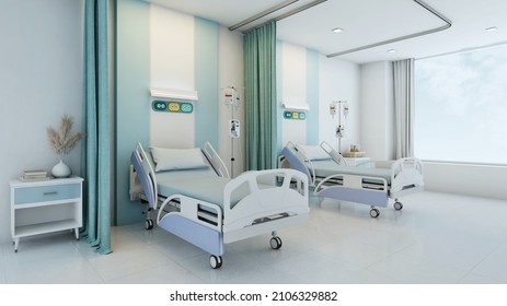 Hospital Recovery Room With Beds.3d Rendering