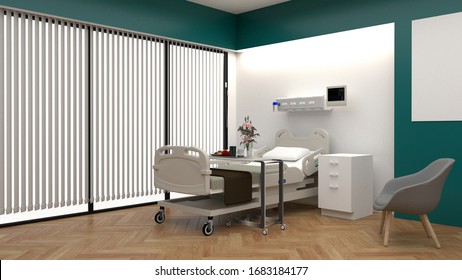 Hospital Room With Beds .Empty Bed  And Wheelchai In Nursing  A Clinic Or Hospital . 3d Hospital Room Rendering.Luxury Patient Bed  Illustration.Modern Hospital,health Care Concept.