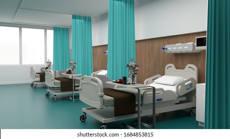 Hospital Room With Beds .Empty Bed  And Wheelchai In Nursing  A Clinic Or Hospital . 3d Room And Comfortable Sofa Rendering.Luxury Patient Bed  Illustration.Modern Hospital,health Care Concept.