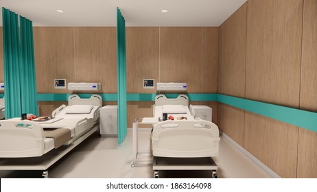 Hospital Room With Beds .Empty Bed  And Wheelchai In Nursing  A Clinic Or Hospital . 3d Room And Comfortable Sofa Rendering.Luxury Patient Bed  Illustration.Modern Hospital,health Care Concept.