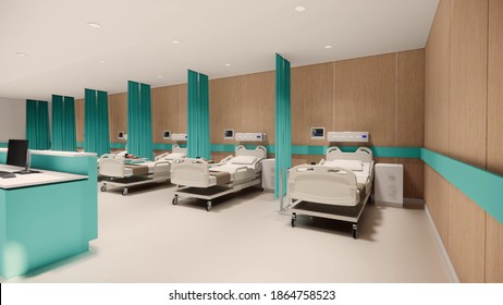 Hospital Room With Beds .Empty Bed  And Wheelchai In Nursing  A Clinic Or Hospital . 3d Room And Comfortable Sofa Rendering.Luxury Patient Bed  Illustration.Modern Hospital,health Care Concept.