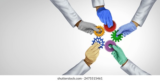 Hospital Team Collaboration team concept and medical staff unity or clinic teamwork idea as a medicine metaphor for Doctors and Nurses joining a health care partnership with 3D illustration elements. - Powered by Shutterstock