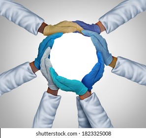 Hospital Workers Together With Diverse Medical Staff As An Essential Worker Group In Unity With Hands United With People Connected For Medicine In A 3D Illustration Style.