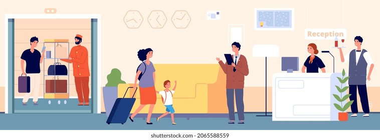 Hospitality. Hotel Hostel Reception. Manager Receptionist And Waiter Greetings New Travellers. Porter And Guest In Elevator. Cute Team And Tourists In Lobby Illustration