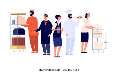 Hospitality Workers. Hotel Staff Characters, Receptionist Porter Maid Doorman Chef. Hostel Team, Travel And Tourism Illustration