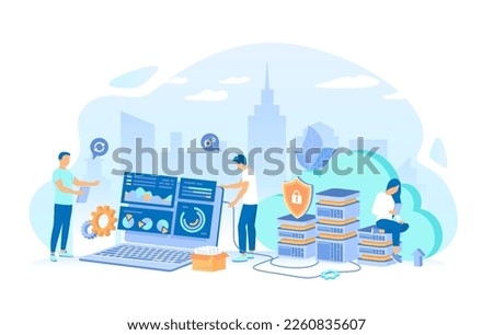 Hosting servers, computer, clouds. Web Hosting, Data Security, Сloud computing storage, Information processing, Database, Network connection. Raster illustration flat style.	
