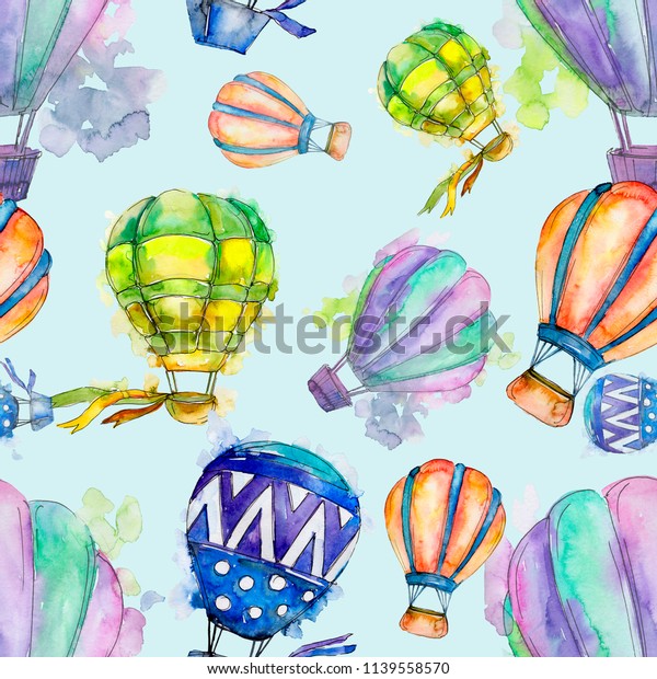 Hot air balloon background fly air transport illustration. Seamless background pattern. Fabric wallpaper print texture.
