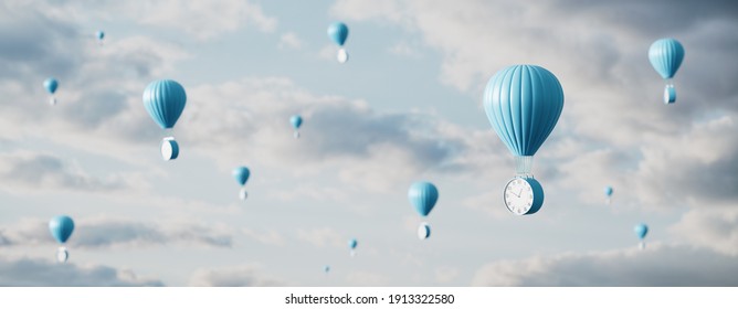 Hot air balloon with clock flies in the sky. Time Flies Concept background 3D render 3D illustration