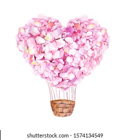 Hot air balloon and hydrangea pink flowers in heart shape  Watercolor raster illustration  Romantic Valentines Day card