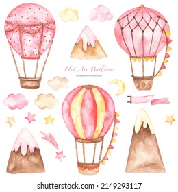 Hot Air Balloon Pink With Clouds, Flags, Ribbon, Stars, Mountains, For Girl, Birthday Watercolor Set 