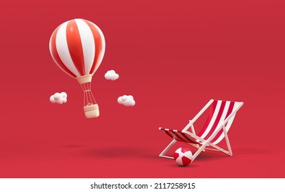 Hot Air Balloon And Recliner With Red Background, 3d Rendering. Computer Digital Drawing.