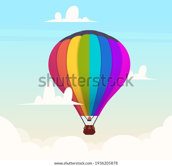Hot air balloon in sky. Romantic\
flight in clouds outdoor travel symbols\
background