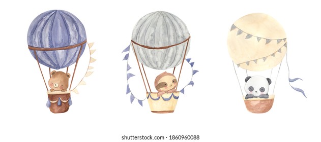 Hot Air Balloon. Sloth, Bear And Panda, Watercolor Illustrations