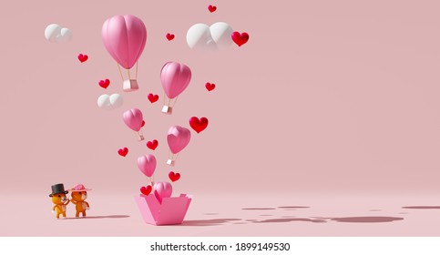 Hot air balloon and Teddy bear for Valentine's Day background in pink pastel composition, 3d illustration or 3d render, copy space - Powered by Shutterstock