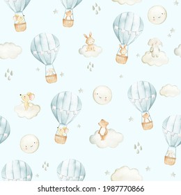 Hot Air Balloon Watercolor Woodland Animals Seamless Pattern Illustration