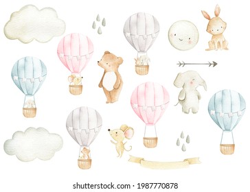 Hot Air Balloon Watercolor Woodland Animals Set Illustration