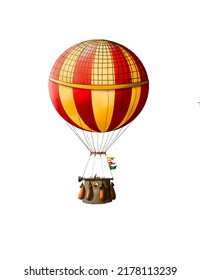 A Hot Air Balloon With A Wicker Basket And Sandbags