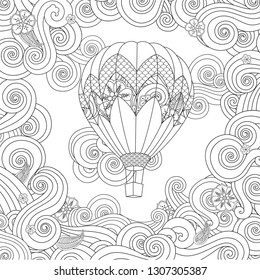 Hot air balloon in zentangle inspired doodle style isolated on white. Coloring book page for adult and older children.  - Powered by Shutterstock