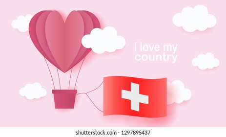 Hot air balloons in shape of heart flying in clouds with national flag of Switzerland. Paper art and cut, origami style with love to Switzerland - Powered by Shutterstock