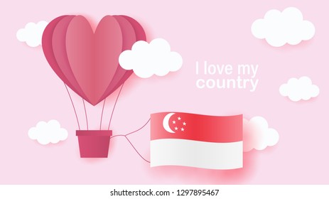 Hot air balloons in shape of heart flying in clouds with national flag of Singapore. Paper art and cut, origami style with love to Singapore - Powered by Shutterstock