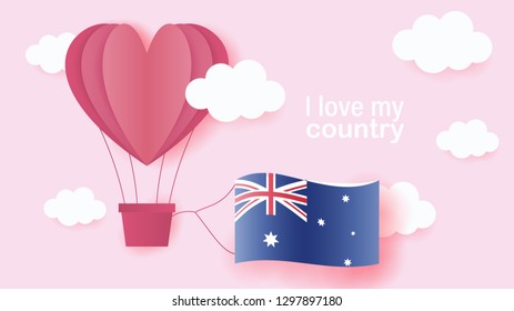 Hot air balloons in shape of heart flying in clouds with national flag of Australia. Paper art and cut, origami style with love to Australia - Powered by Shutterstock