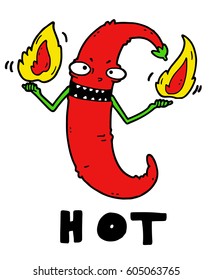 Too Hot Cartoon Funny Evil Chili Pepper With Fire In Both Hands