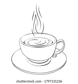 Hot Coffee Cup Or Teacup Line Drawing Isolated On White. Coffee Break Or Tea Sketch Icon. Outline Illustration Of One Cappuccino, Espresso, Cacao Or Tea Classic Cup With Curly Steam. Cafe Logo Concept