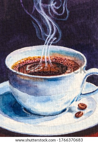 Hot Coffee drink. White tea Cup. Coffee beans on the plate. Watercolor painting.