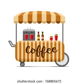 Hot Coffee Street Food Cart. Colorful Illustration, Cartoon Style, Isolated On White Background