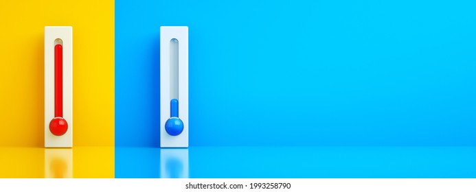 Hot And Cold Thermometers, 3d Rendering, Control Air Conditioner Concept, Panoramic Layout